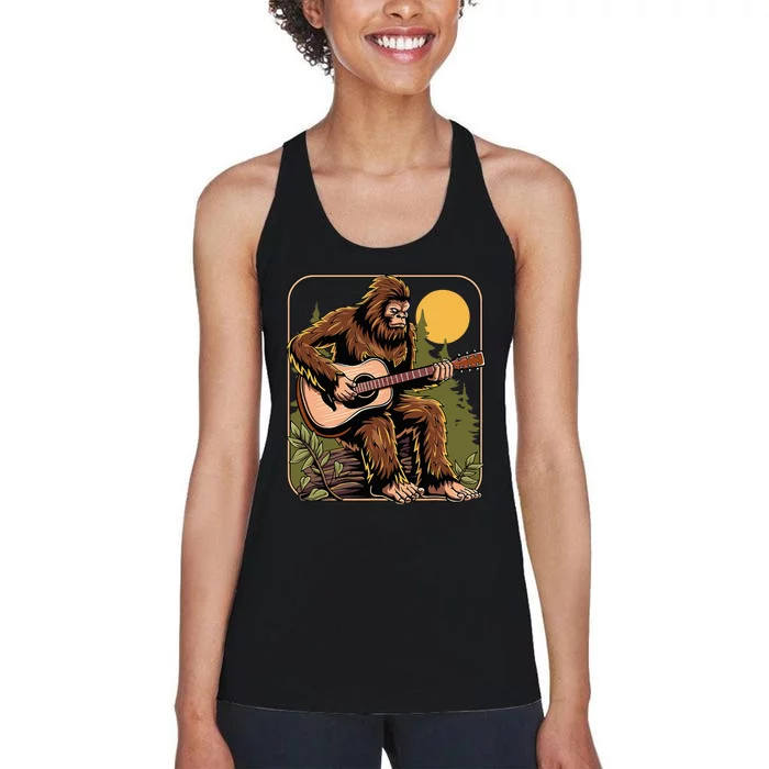 Retro Bigfoot Sasquatch Playing Acoustic Guitar Guitarist Women's Racerback Tank