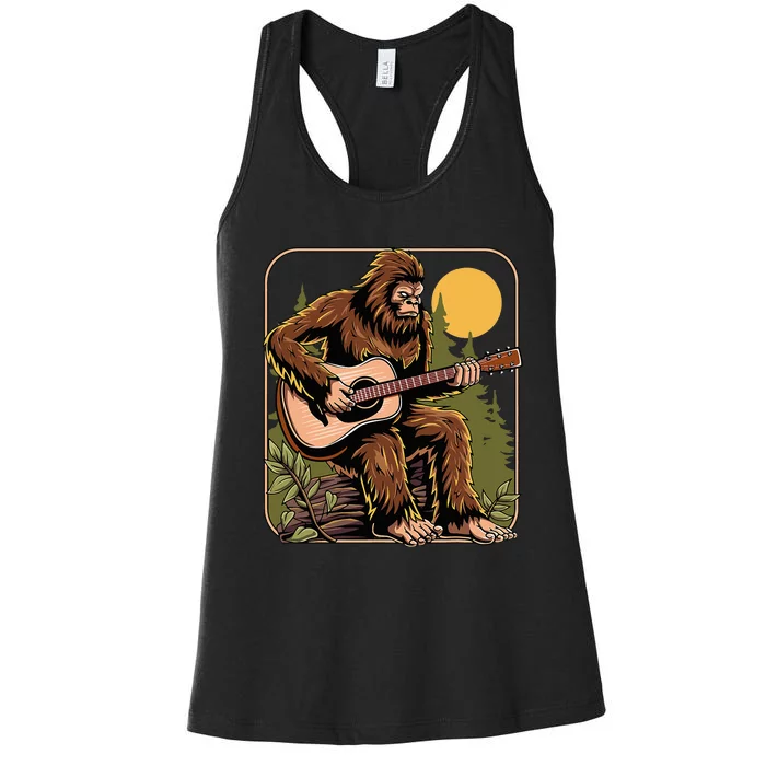 Retro Bigfoot Sasquatch Playing Acoustic Guitar Guitarist Women's Racerback Tank