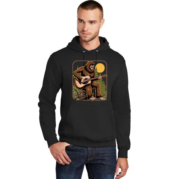 Retro Bigfoot Sasquatch Playing Acoustic Guitar Guitarist Tall Hoodie