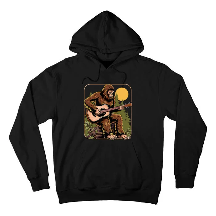 Retro Bigfoot Sasquatch Playing Acoustic Guitar Guitarist Tall Hoodie