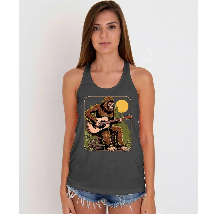 Retro Bigfoot Sasquatch Playing Acoustic Guitar Guitarist Women's Knotted Racerback Tank