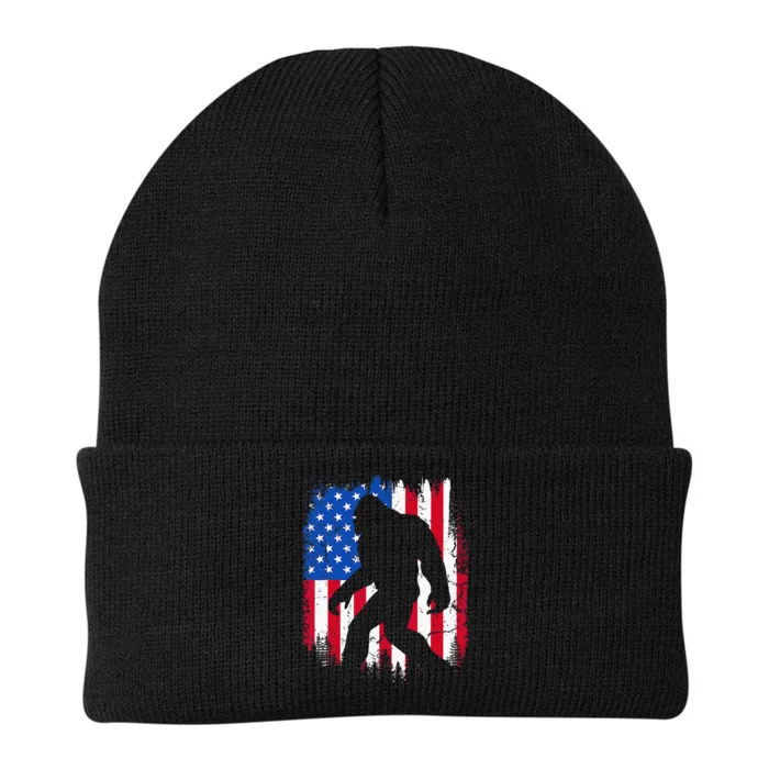 Retro Bigfoot Silhouette USA Flag Sasquatch Lovers July 4th Knit Cap Winter Beanie