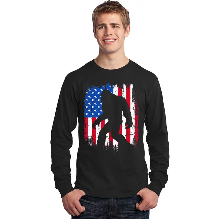 Retro Bigfoot Silhouette USA Flag Sasquatch Lovers July 4th Tall Long Sleeve T-Shirt