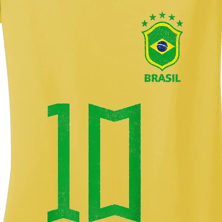 Retro Brazil Soccer Number 10 Brazilian Futebol Brasil Team Women's V-Neck T-Shirt