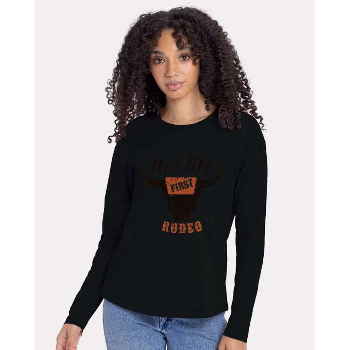 Retro Bull Skull Not My First Rodeo Western Country Cowboy Womens Cotton Relaxed Long Sleeve T-Shirt