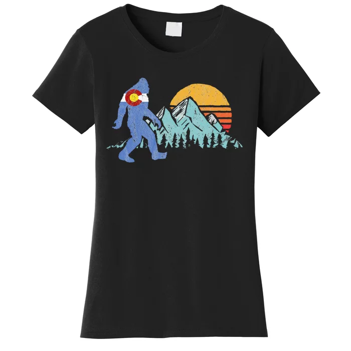 Retro Bigfoot Sun & Mountain State Flag Of Colorado Women's T-Shirt