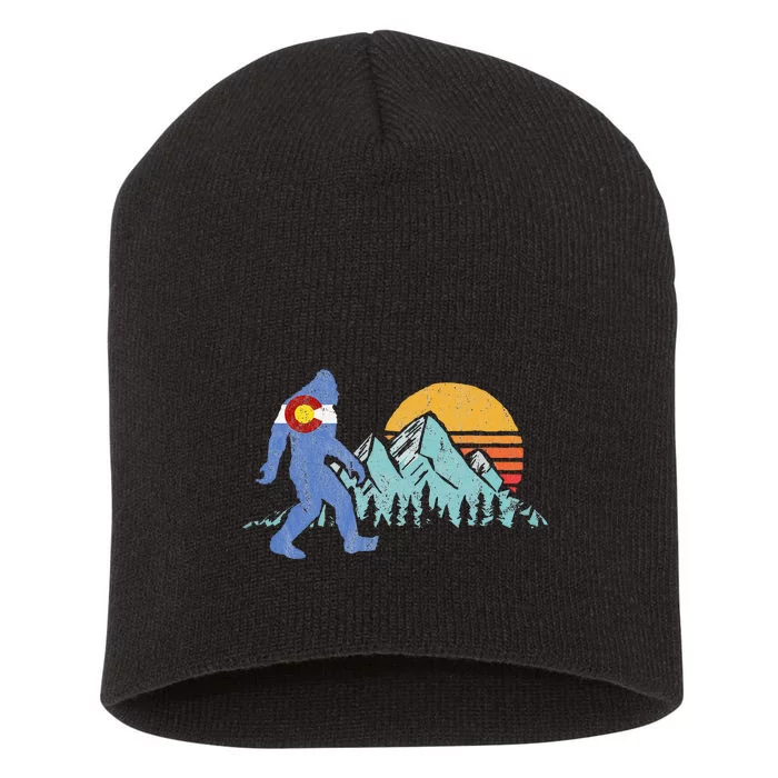 Retro Bigfoot Sun & Mountain State Flag Of Colorado Short Acrylic Beanie