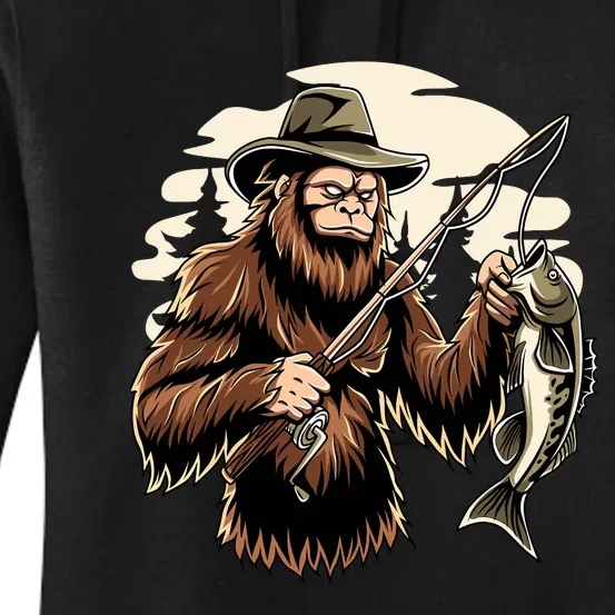 Retro Bigfoot Sasquatch Fishing Bassquatch Funny Fisherman Women's Pullover Hoodie