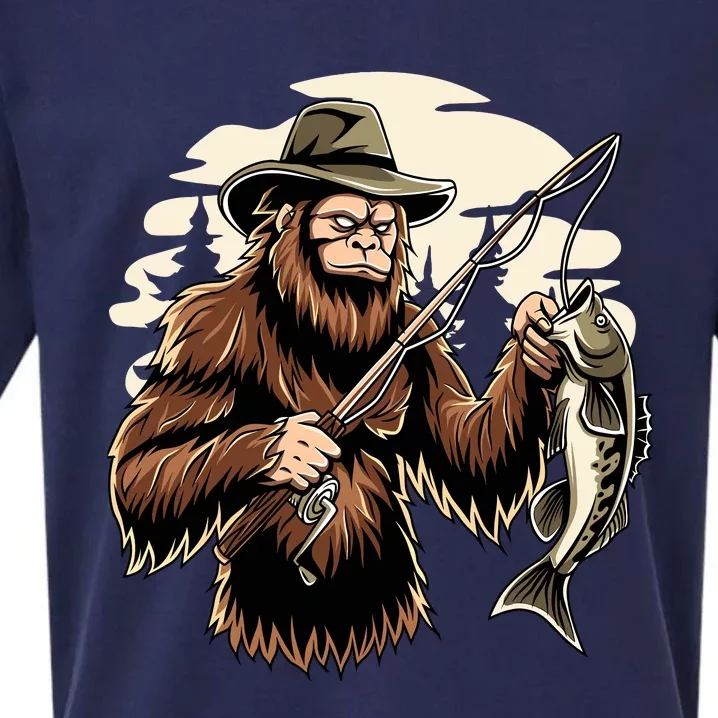 Retro Bigfoot Sasquatch Fishing Bassquatch Funny Fisherman Sueded Cloud Jersey T-Shirt