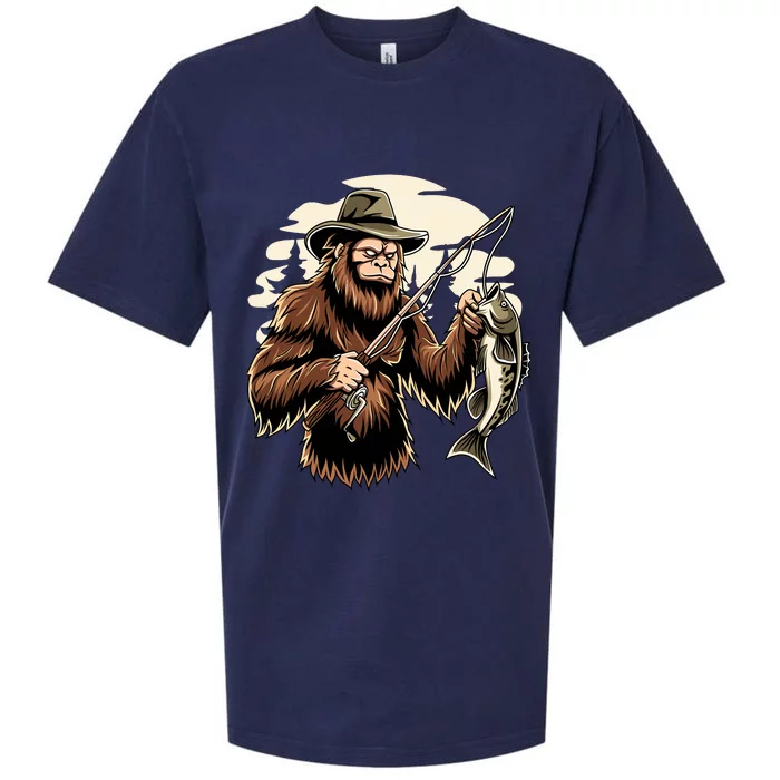 Retro Bigfoot Sasquatch Fishing Bassquatch Funny Fisherman Sueded Cloud Jersey T-Shirt