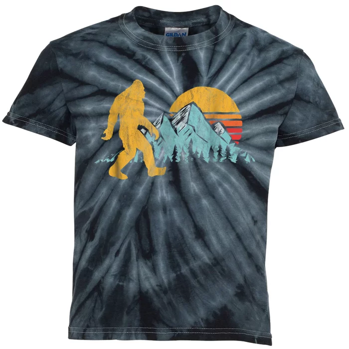 Retro Bigfoot Silhouette Mountain Sun Kids Tie-Dye T-Shirt