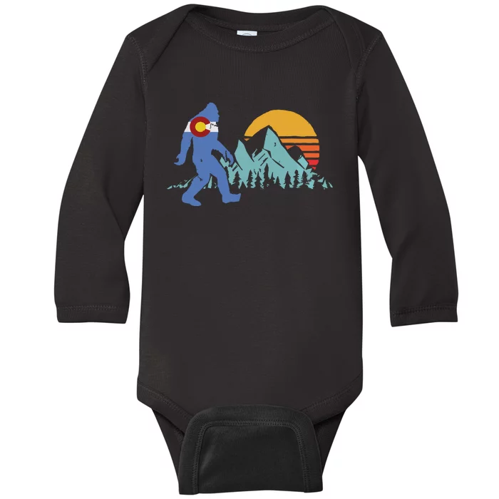 Retro Bigfoot Sun Mountain State Flag Of Colorado Graphic Baby Long Sleeve Bodysuit