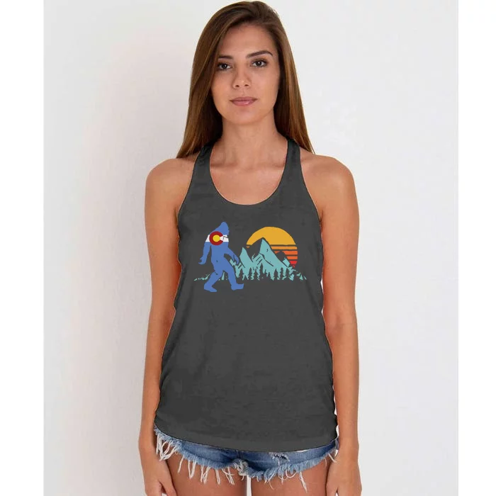 Retro Bigfoot Sun Mountain State Flag Of Colorado Graphic Women's Knotted Racerback Tank