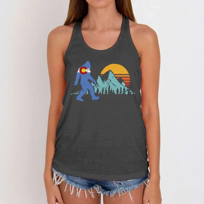 Retro Bigfoot Sun Mountain State Flag Of Colorado Graphic Women's Knotted Racerback Tank