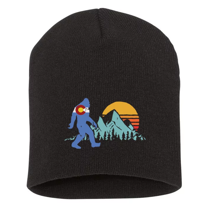 Retro Bigfoot Sun Mountain State Flag Of Colorado Graphic Short Acrylic Beanie