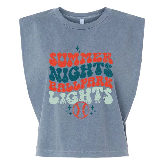 Retro Baseball Summer Nights Ballpark Lights Baseball Mom Garment-Dyed Women's Muscle Tee