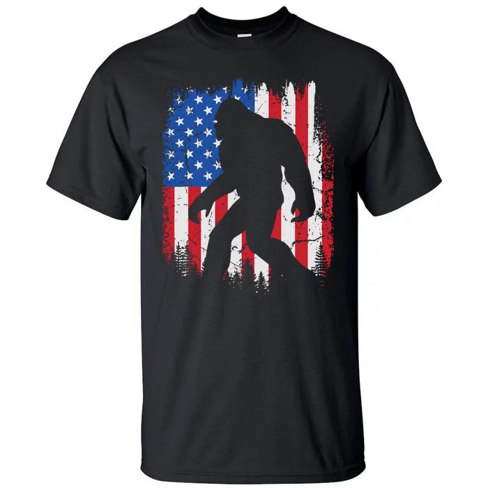 Retro Bigfoot Silhouette USA Flag Sasquatch Lovers July 4th Tall T-Shirt