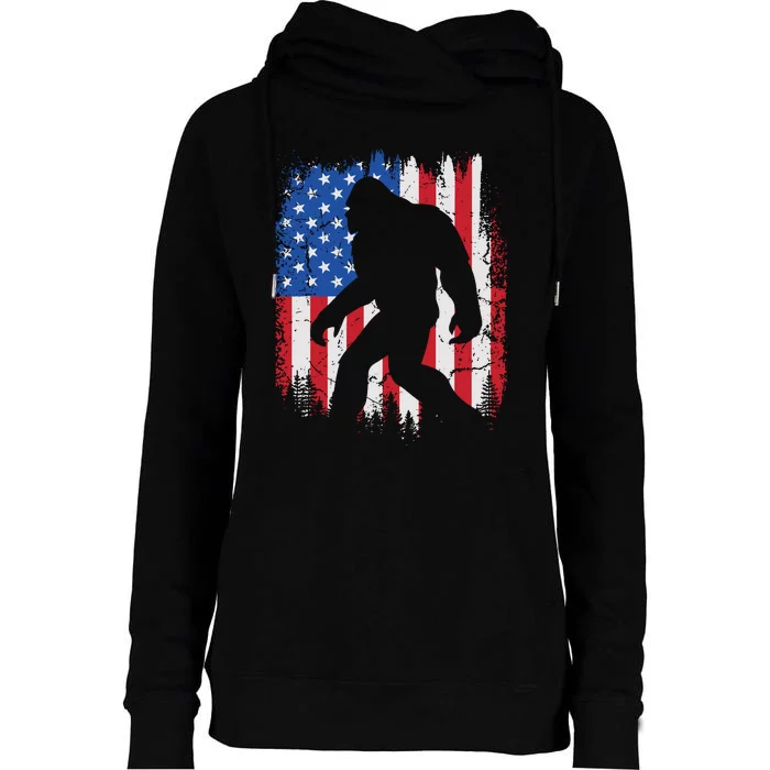 Retro Bigfoot Silhouette USA Flag Sasquatch Lovers July 4th Womens Funnel Neck Pullover Hood