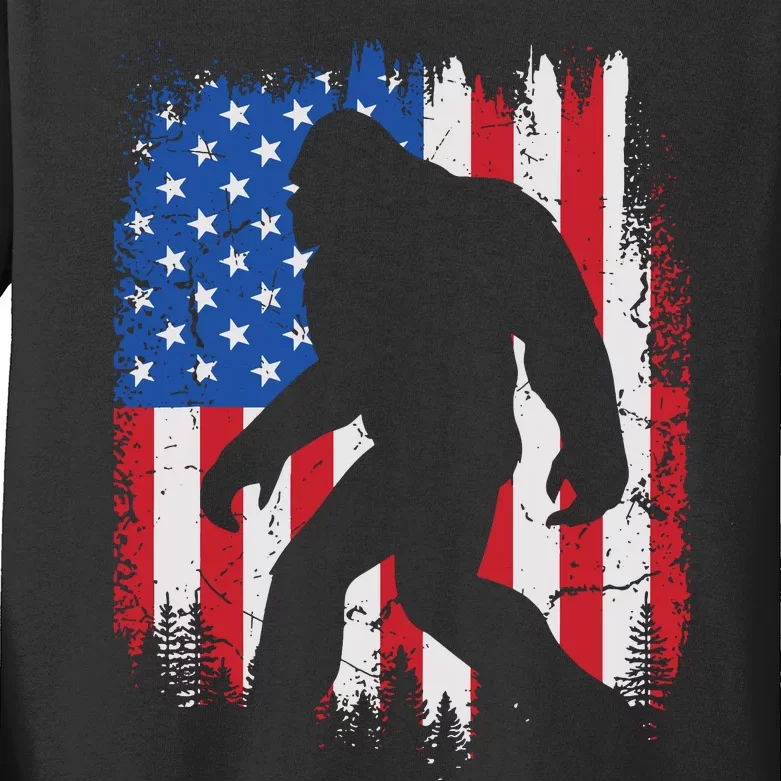 Retro Bigfoot Silhouette USA Flag Sasquatch Lovers July 4th Kids Long Sleeve Shirt