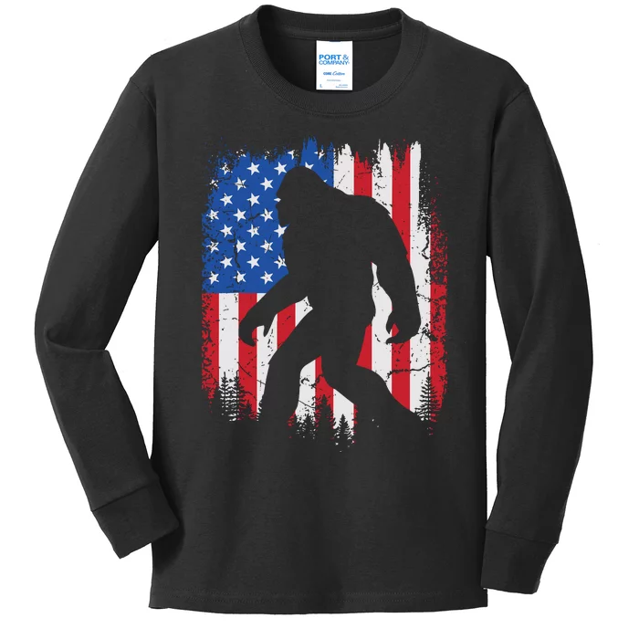 Retro Bigfoot Silhouette USA Flag Sasquatch Lovers July 4th Kids Long Sleeve Shirt