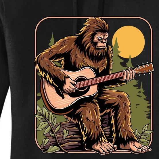 Retro Bigfoot Sasquatch Playing Acoustic Guitar Guitarist Women's Pullover Hoodie