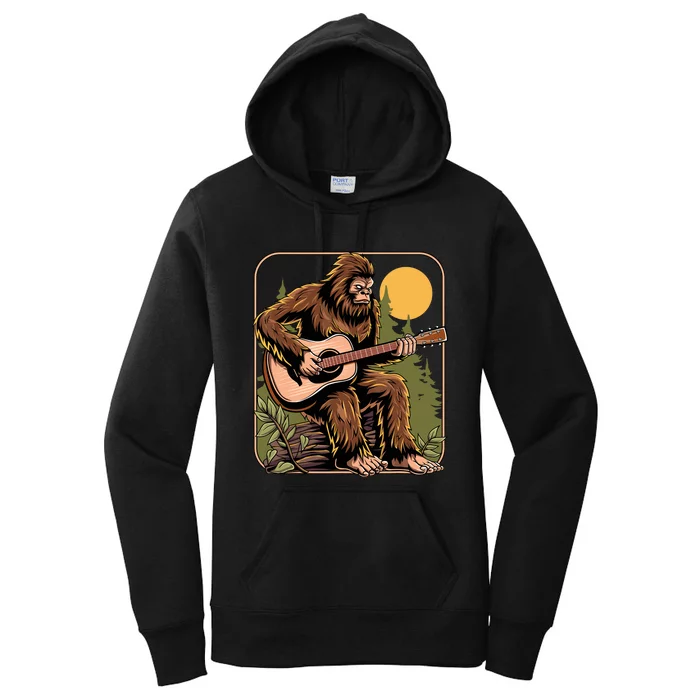 Retro Bigfoot Sasquatch Playing Acoustic Guitar Guitarist Women's Pullover Hoodie