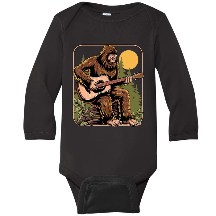 Retro Bigfoot Sasquatch Playing Acoustic Guitar Guitarist Baby Long Sleeve Bodysuit