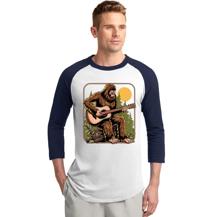 Retro Bigfoot Sasquatch Playing Acoustic Guitar Guitarist Baseball Sleeve Shirt