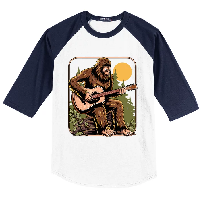 Retro Bigfoot Sasquatch Playing Acoustic Guitar Guitarist Baseball Sleeve Shirt