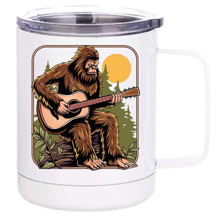 Retro Bigfoot Sasquatch Playing Acoustic Guitar Guitarist Front & Back 12oz Stainless Steel Tumbler Cup