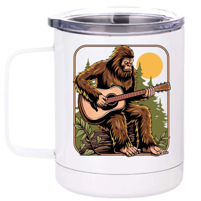 Retro Bigfoot Sasquatch Playing Acoustic Guitar Guitarist Front & Back 12oz Stainless Steel Tumbler Cup