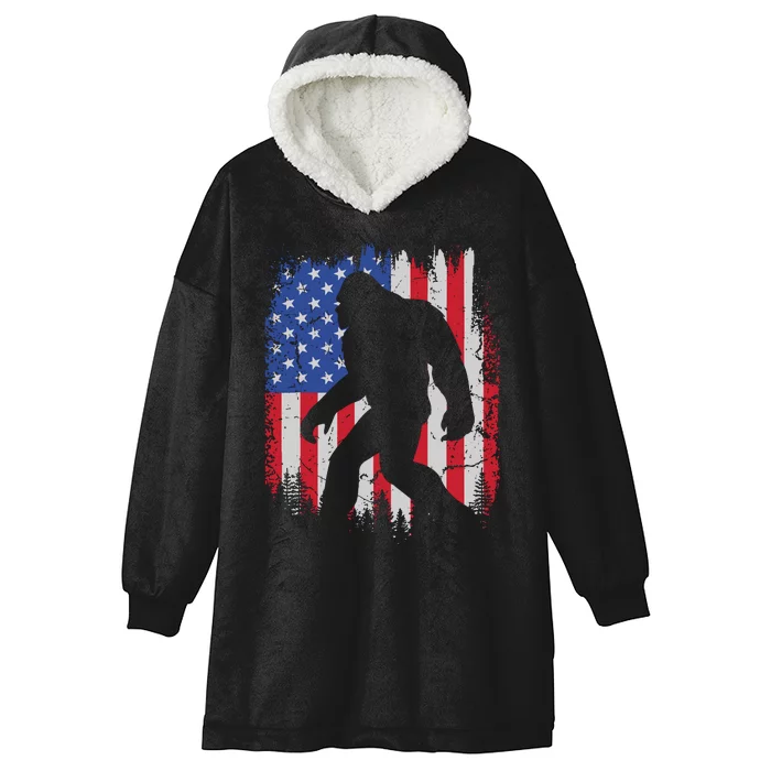 Retro Bigfoot Silhouette USA Flag Sasquatch Lovers July 4th Hooded Wearable Blanket