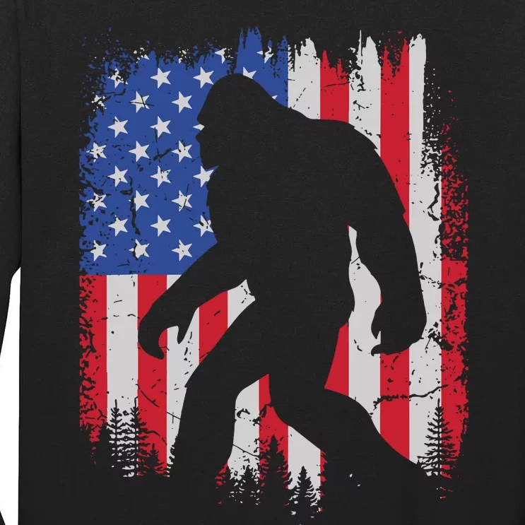 Retro Bigfoot Silhouette USA Flag Sasquatch Lovers July 4th Tall Long Sleeve T-Shirt