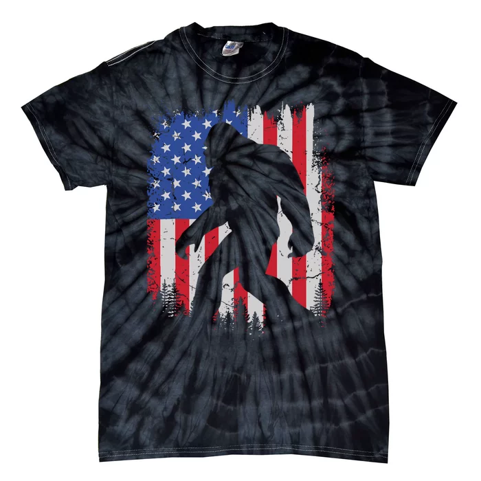 Retro Bigfoot Silhouette USA Flag Sasquatch Lovers July 4th Tie-Dye T-Shirt