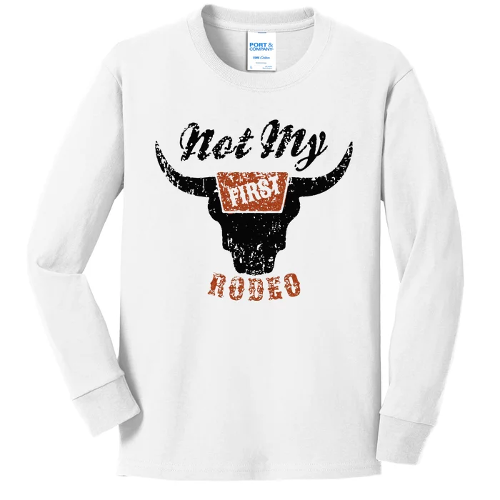 Retro Bull Skull Not My First Rodeo Western Country Cowboy Kids Long Sleeve Shirt