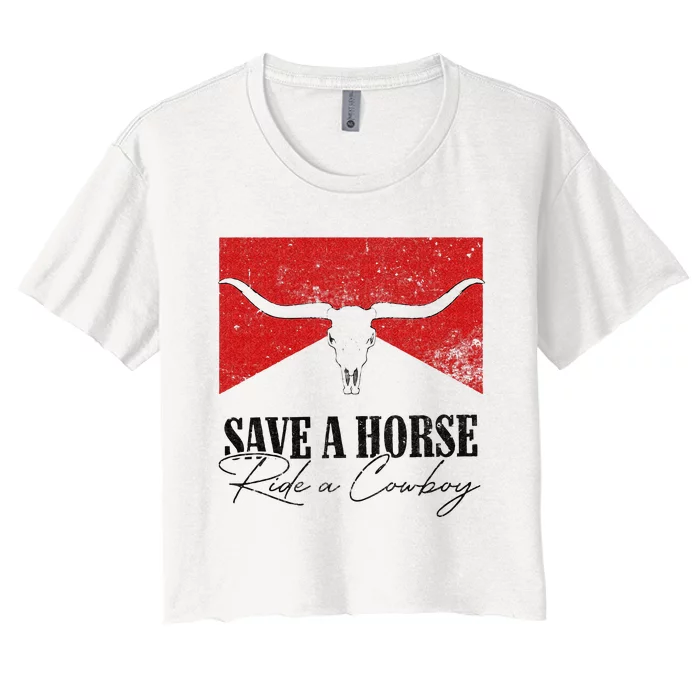 Retro Bull Skull Western Country Save A Horse Ride A Cowboy Women's Crop Top Tee