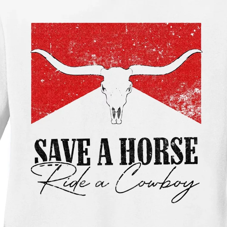 Retro Bull Skull Western Country Save A Horse Ride A Cowboy Ladies Long Sleeve Shirt