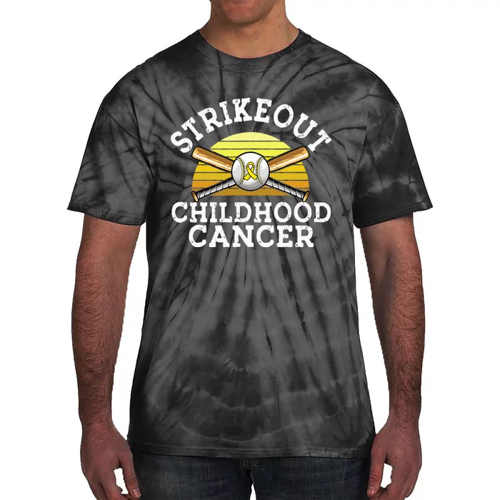 Retro Baseball Strikeout Childhood Cancer Awareness Ribbon Tie-Dye T-Shirt