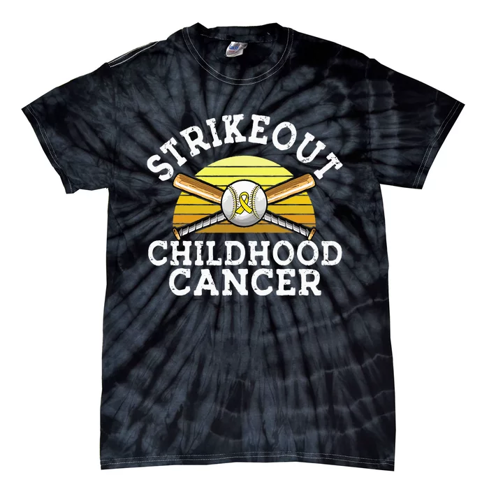 Retro Baseball Strikeout Childhood Cancer Awareness Ribbon Tie-Dye T-Shirt