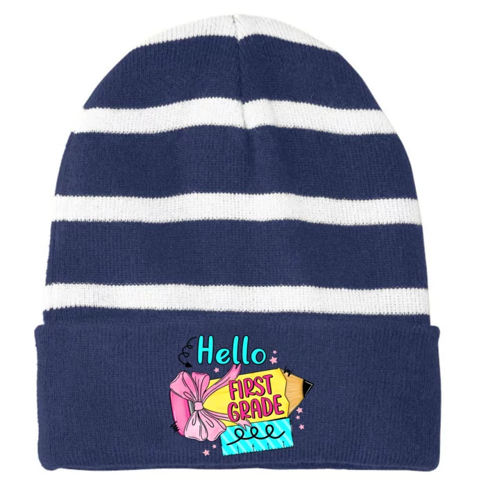 Retro Back To School Hello First Grade Striped Beanie with Solid Band