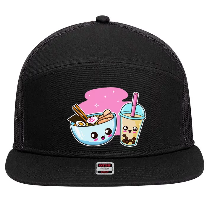 Ra Bubble Tea  Boba Noodles Japanese Anime 7 Panel Mesh Trucker Snapback Hat