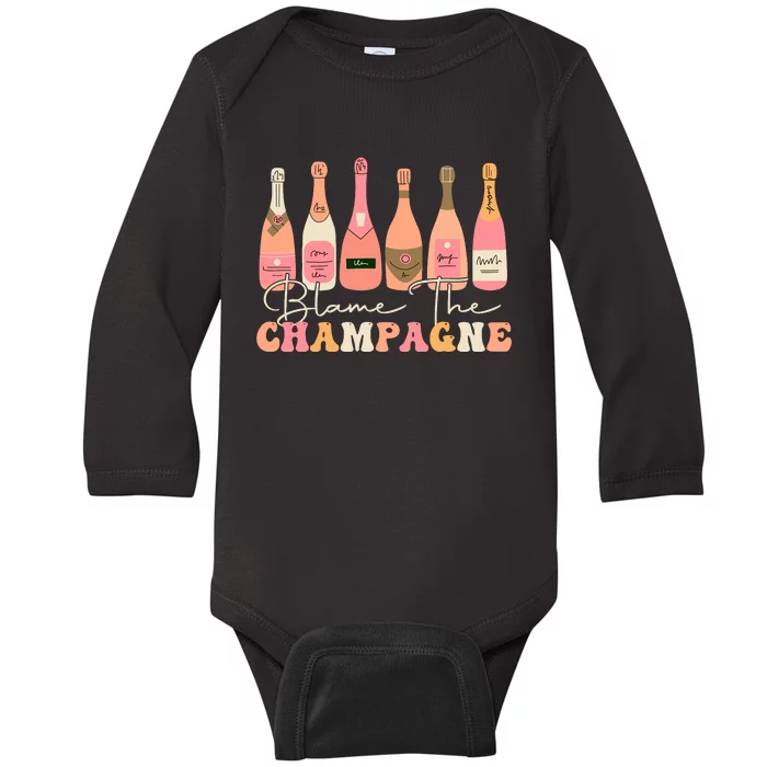 Retro Blame The Champagne Happy New Year 2024 Party Friends Baby Long Sleeve Bodysuit