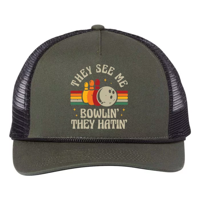 Retro Bowling They See Me Bowlin' They Hatin' Vintage Bowler Retro Rope Trucker Hat Cap