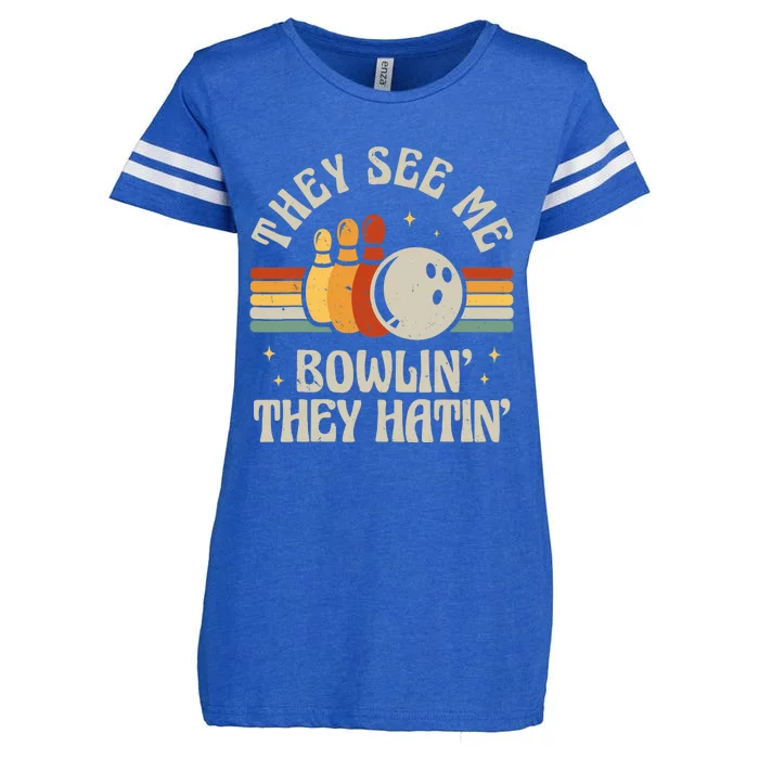 Retro Bowling They See Me Bowlin' They Hatin' Vintage Bowler Enza Ladies Jersey Football T-Shirt