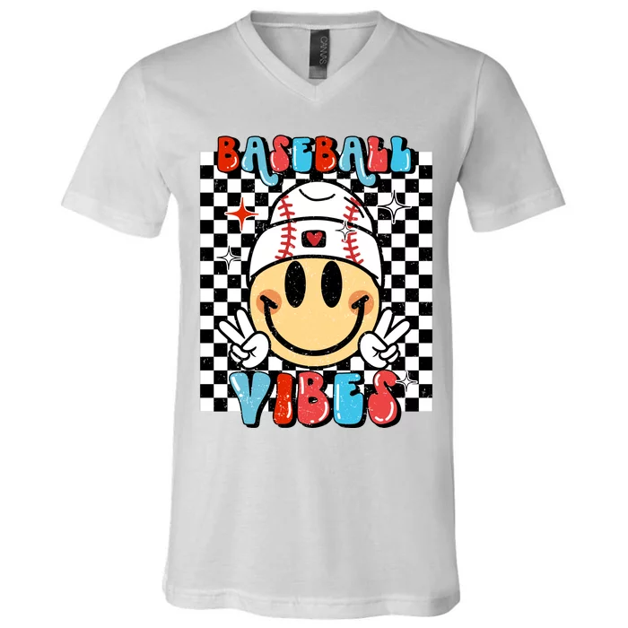 retro Baseball Vibes Funny Baseball Smile Face Meme V-Neck T-Shirt