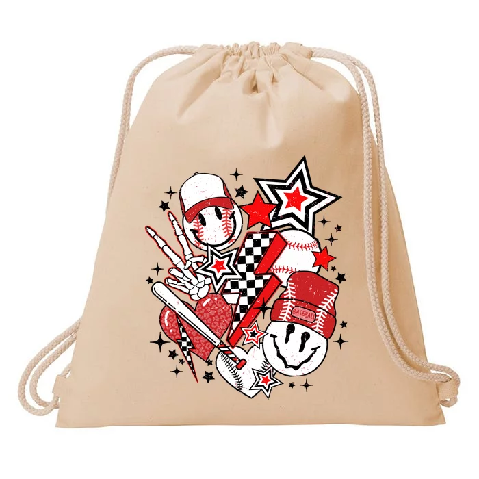 retro baseball Vibes Funny Smile Face Meme Drawstring Bag