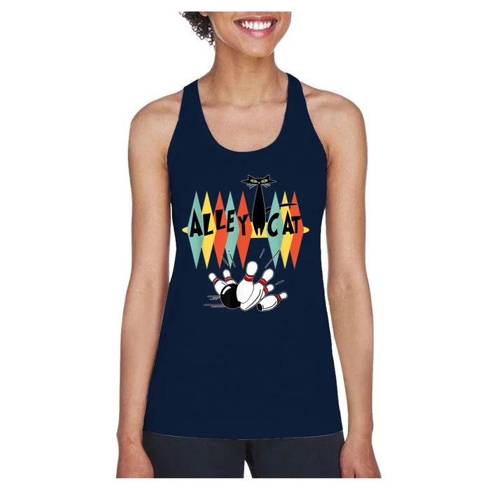 Retro Bowling Vintage Bowler Alley Cat Vintage Women's Racerback Tank