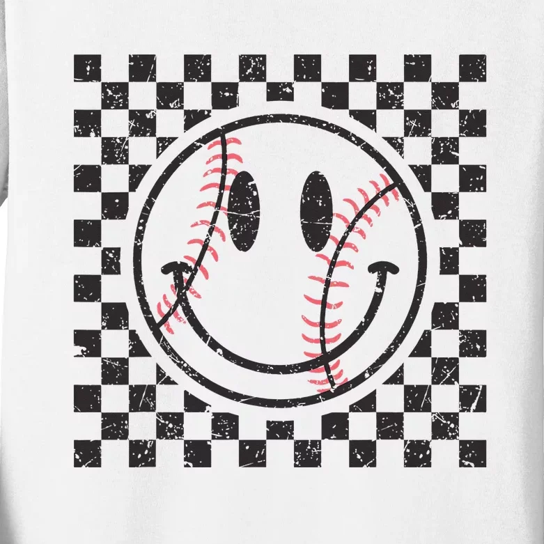 Retro Baseball Vibes Funny Baseball Smile Face Meme Kids Long Sleeve Shirt