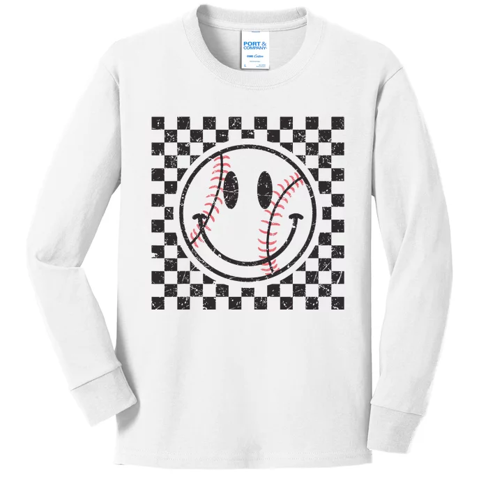 Retro Baseball Vibes Funny Baseball Smile Face Meme Kids Long Sleeve Shirt