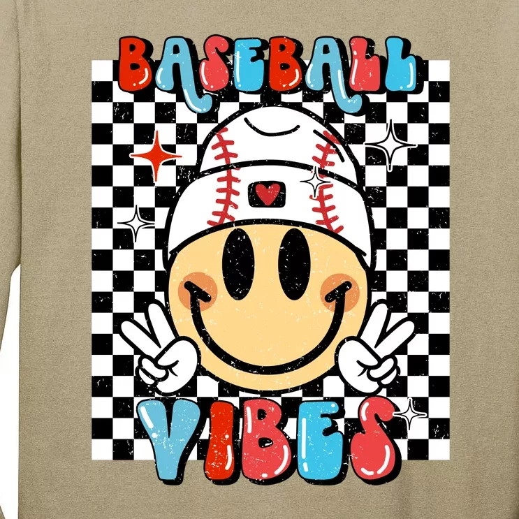 Retro Baseball Vibes Funny Baseball Smile Face Meme Tall Long Sleeve T-Shirt